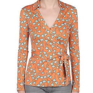 Diane Von Furstenberg Orange Wrap Blouse with Light Blue Print